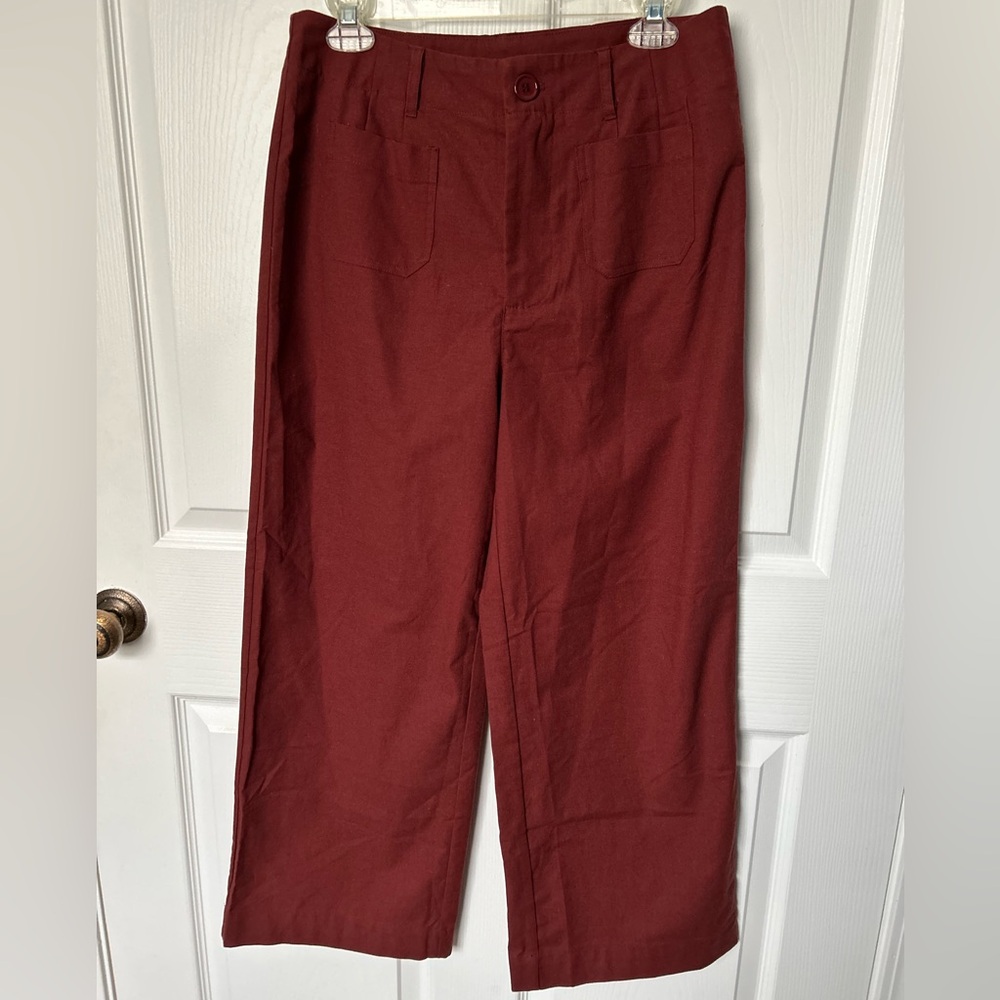 Lillusory High Waisted Wide Leg Linen Brown Cropped Trouser Pant Size 10 NWT